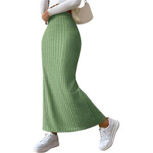 Women's Side Slit Ribbed Knit Long Skirts Green